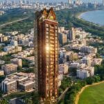 Aerial view of the Shivalaya Atharv tower at Shivaji Park, Dadar, with the park, Mumbai skyline and the sea in the background